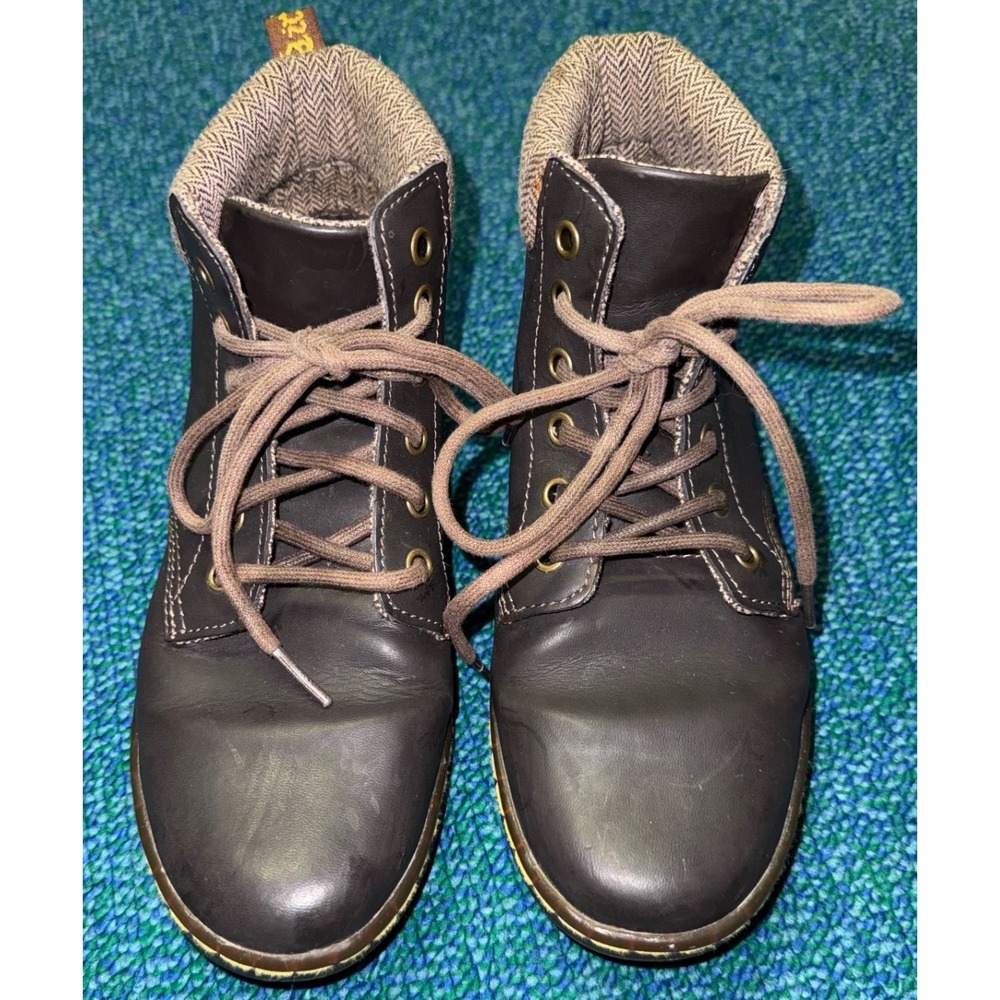 Dr. Martens Leyton Brown Leather Herringbone Tweed Collar Ankle Boots Womens